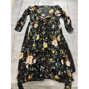 Indigo Rose Floral Dress Womens M Black Midi 3/4 Sleeve Boho Cottagecore